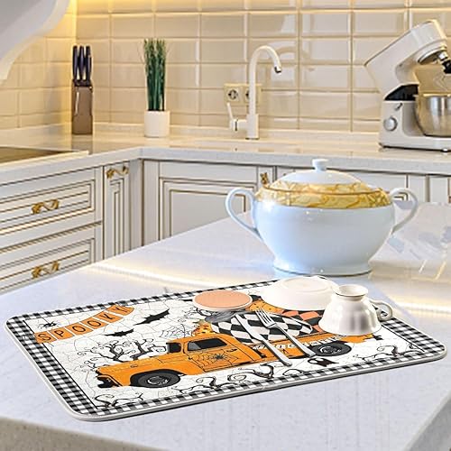 Miniatura 6 de Tapete de secado de platos con diseño de calabaza y camión de Happy Halloween, tapete de secado de microfibra absorbente reversible para platos de
