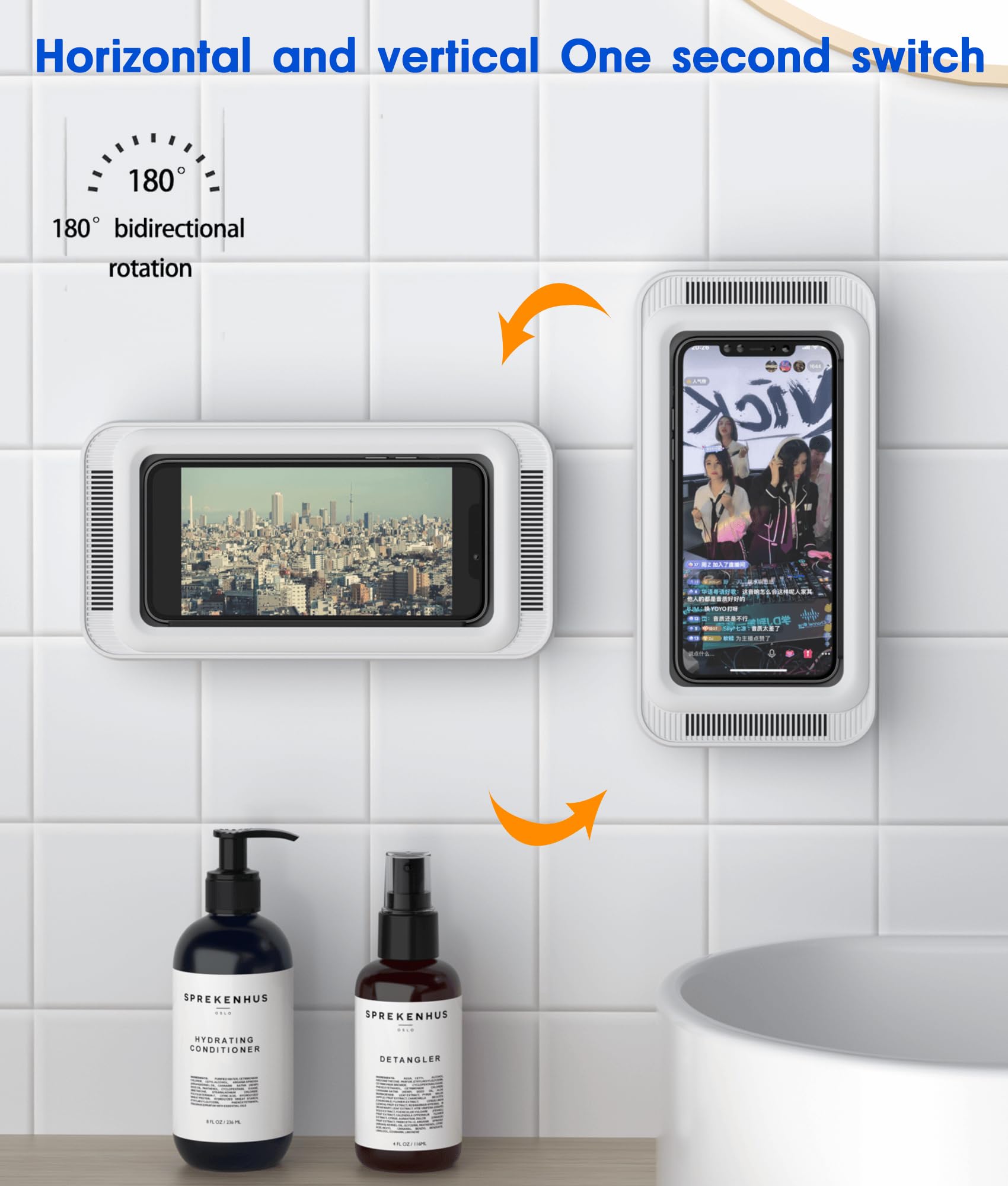 Mistriddle Waterproof Shower Phone Holder with 360° Rotation, Angle Adjustable, Wall Mounted Phone Holder for Bathroom Mirror Bathtub Kitchen, Up to 6.8 Inch (Black): White Up to 7 Inch