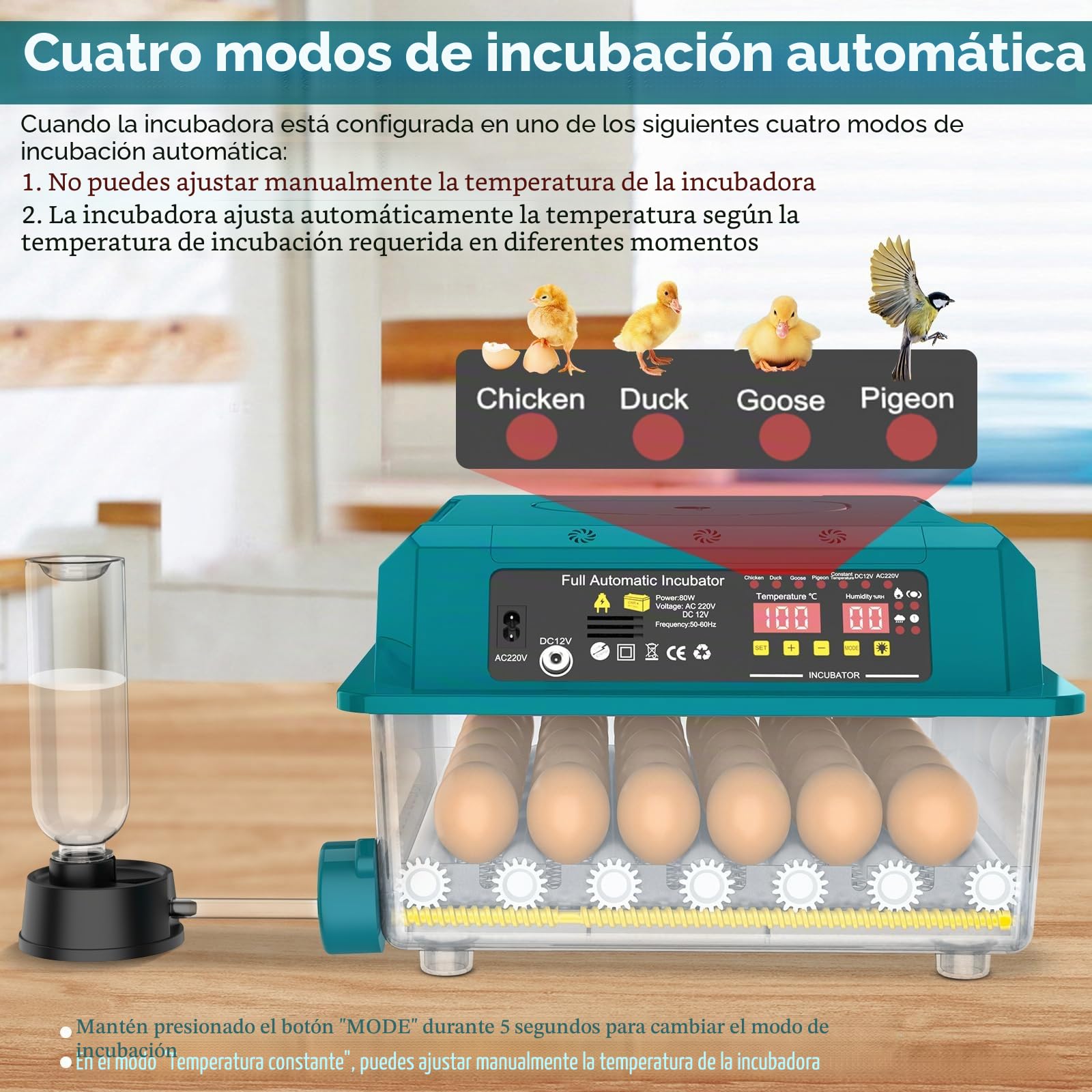 Incubadora Automática de Huevos 36 Huevos, Incubadora de Huevos con 5 Modos Preestablecidos, Volteado Automático de Huevos y Control de Humedad, Luz de Comprobación de Huevos, Incubadoras para Pollo