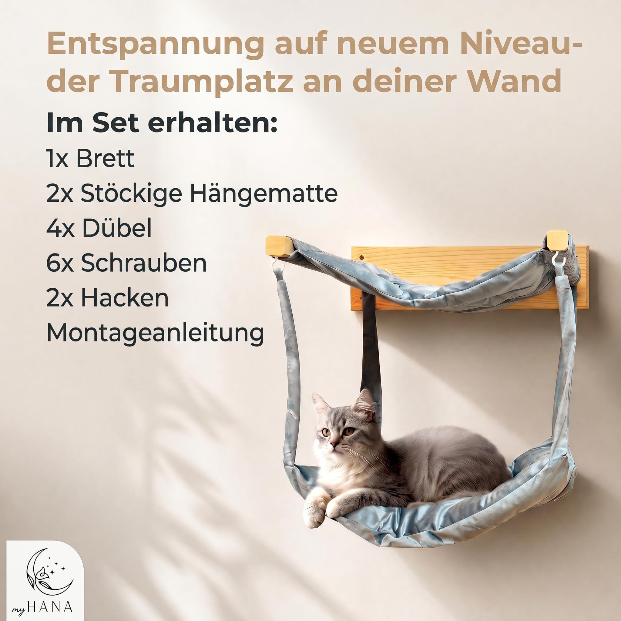 myHANA Kletterwand Katzen Kiefernholz | Hängematte Katze Wand 3 Farbvarianten| WandHängematte | Katzen Wandelemente | Katzenmöbel | Katzewandliege| Katzenbett | Wandkratzbaum