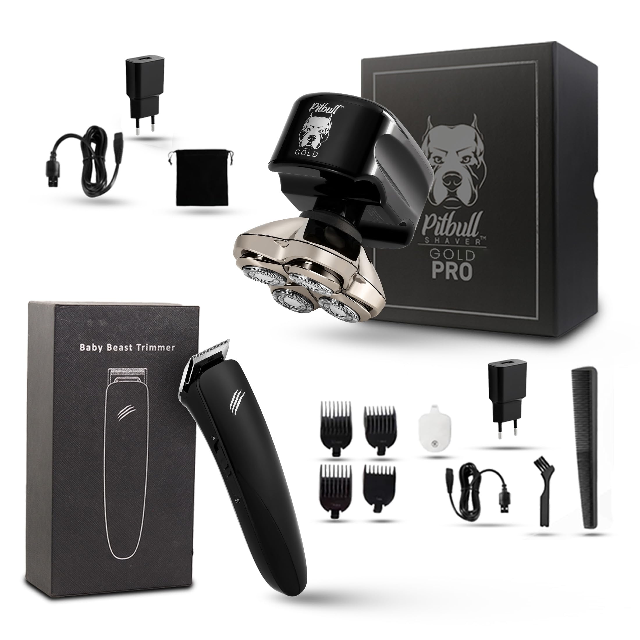 Skull Shaver Pitbull Gold Plus with Baby Beast Trimmer: Electric Head Shaver and Trimmer for Head, Underarms, Chest, Back Grooming Kit, Waterproof, No Nicks