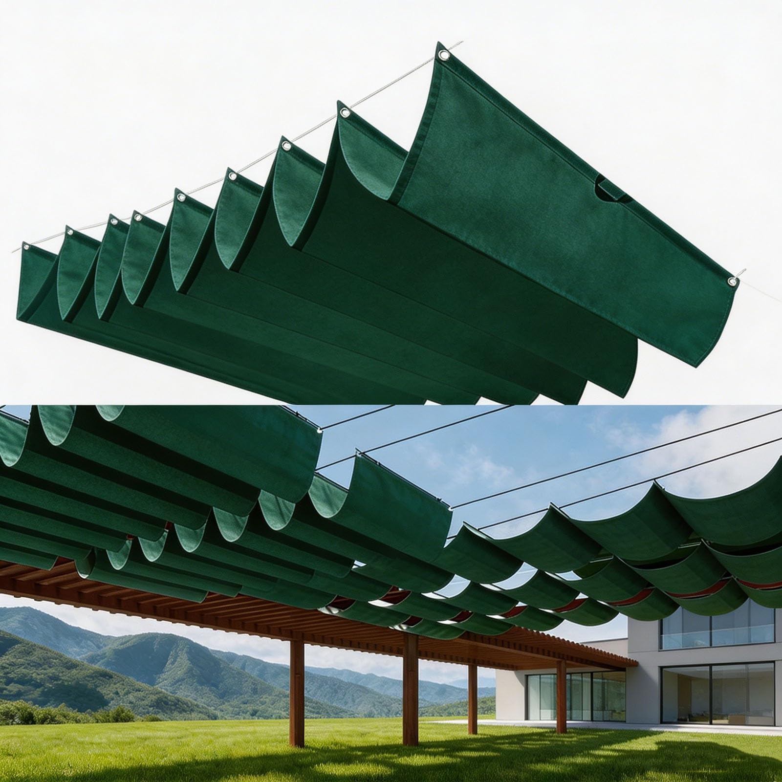 Retráctil Ondulada Toldo Vela 100 x 650 cm Protección UV 98% Resistente Al Clima y Desgarro Resistente a Desgarros Toldo Vela Red de Sombra para Terraza Jardín, Verde