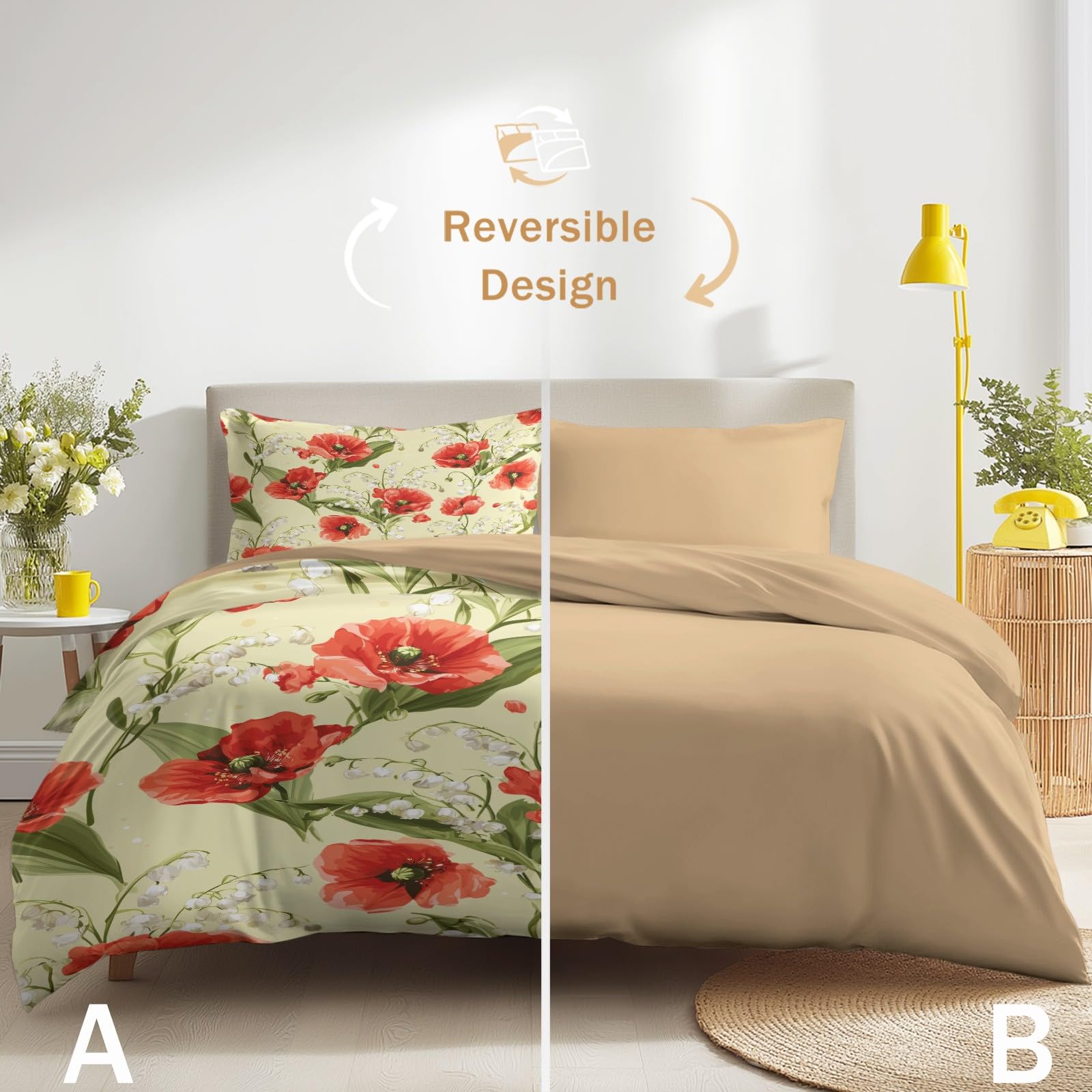 Biancheria da letto vintage elegante, 200 x 200 cm, romantica e fresca, retrò, pastorale, fiori, in microfibra, con chiusura lampo, include 1 copripiumino e 2 federe, per bambini e adulti