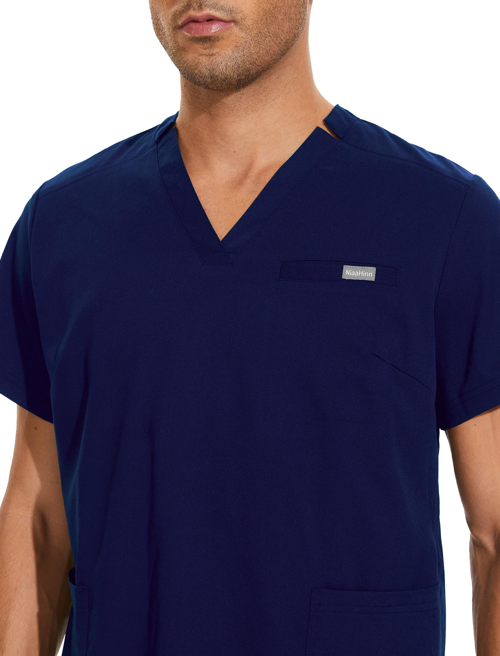 niaahinn Scrub Top for Men Unisex V-Neck Scrubs Shirt Profession Anti-Wrinkle Scrubs with Pockets for Men (US, Alpha, Small, Regular, Regular, Navy Blue)