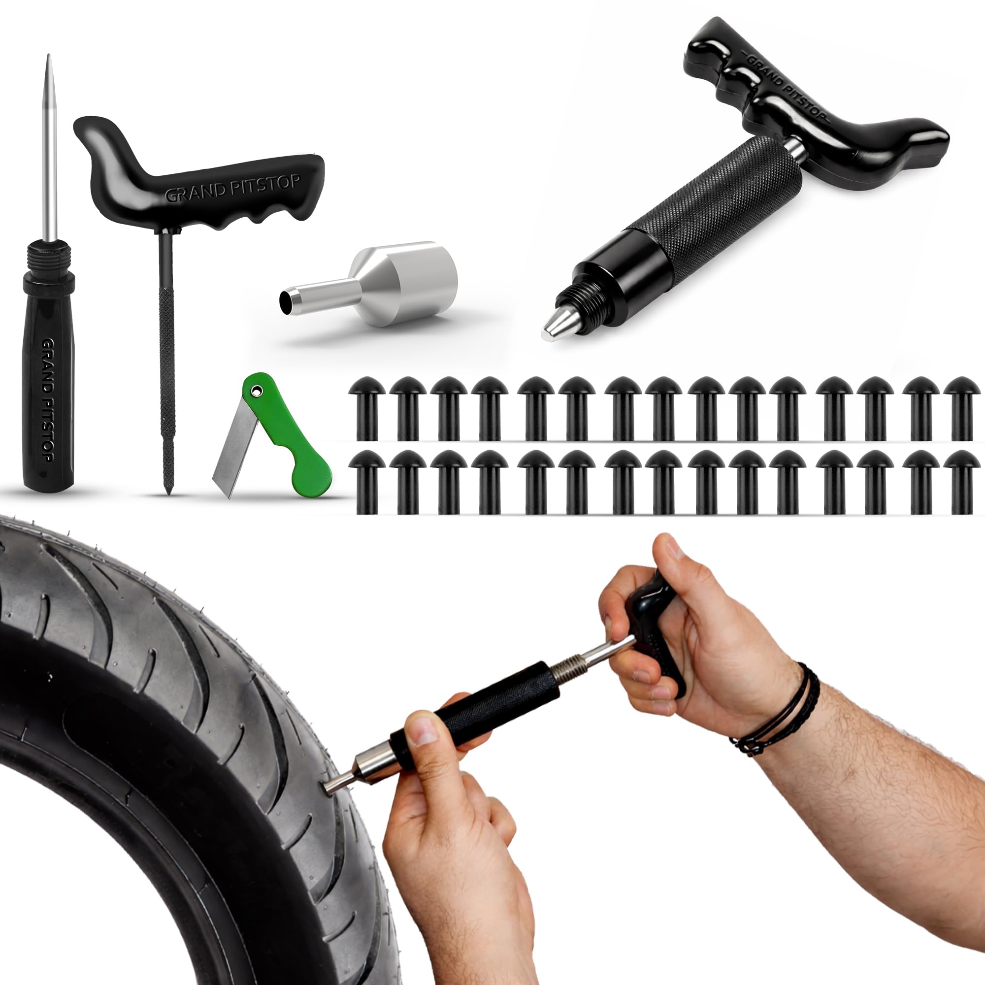 GRAND PITSTOP 21 Pcs Tubeless Tire Plugger Repair Kit with Multi-Funcional Plier for Punctures and Flats on Cars, Motorcycles, ATV, RV, SUV, Trailer, Trucks & Tractors (15 Mushroom Plugs) — view 21