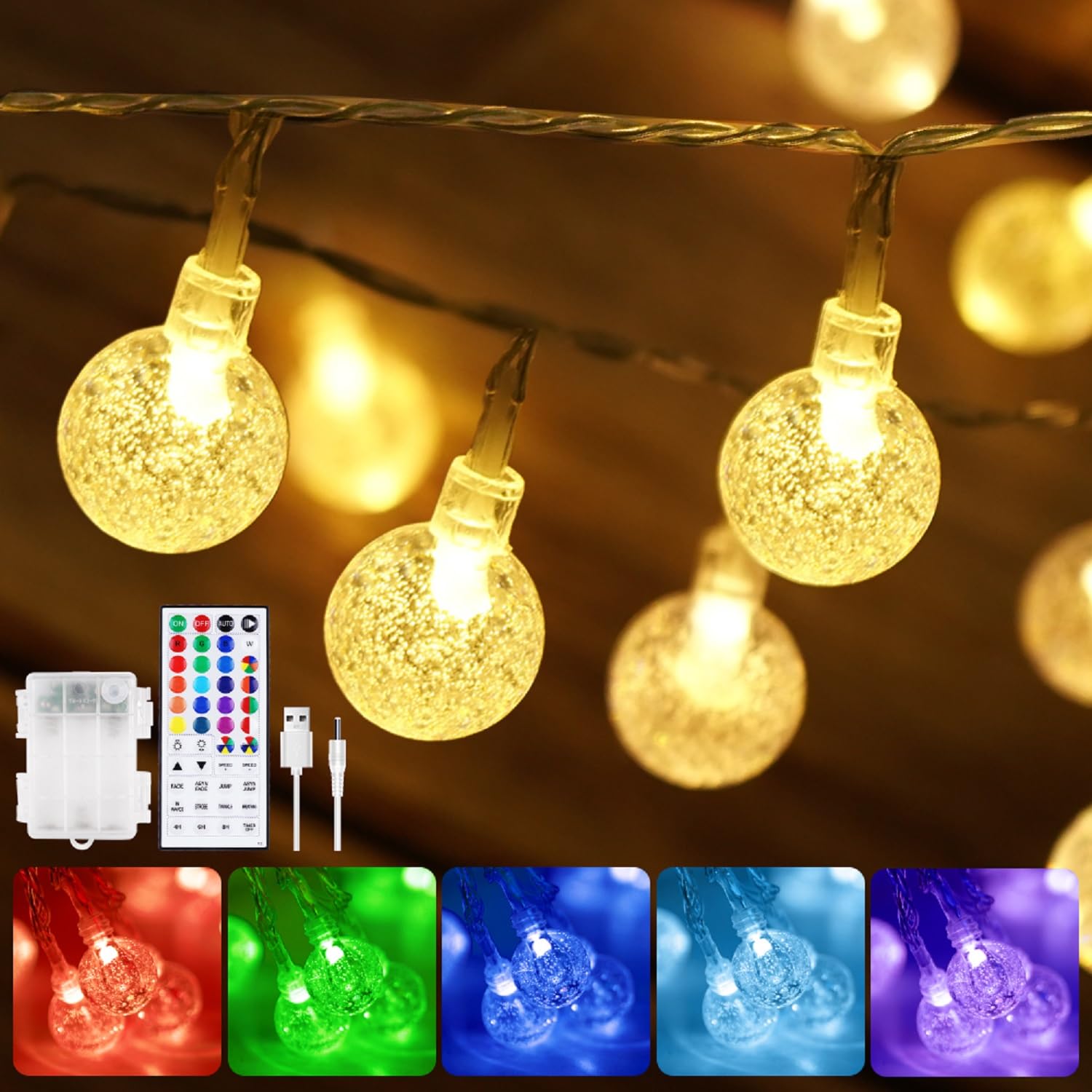 StarryEver Globe Fairy Lights Battery Operated, 4.5M 30LEDs Color Changing String Lights with Remote Timer, Battery & USB Crystal Ball Christmas Lights for Indoor Outdoor Garden, Bedroom, Patio Decor