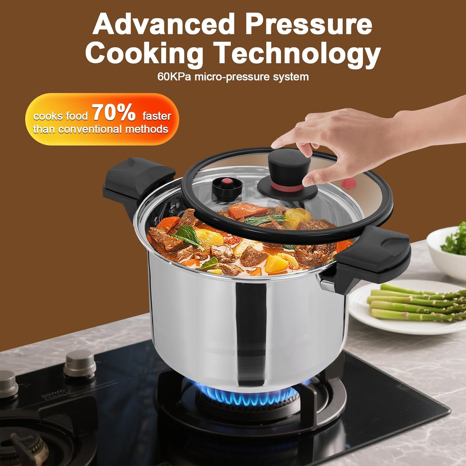 7L/7.4Qt Multifunctional Pressure Cooker, Stainless Steel 60Kpa Pressure Pot, Suitable for Gas Cookers, Induction Cookers, and Electric Hob, and Can be Used to Stew and Cook Various Delicacie