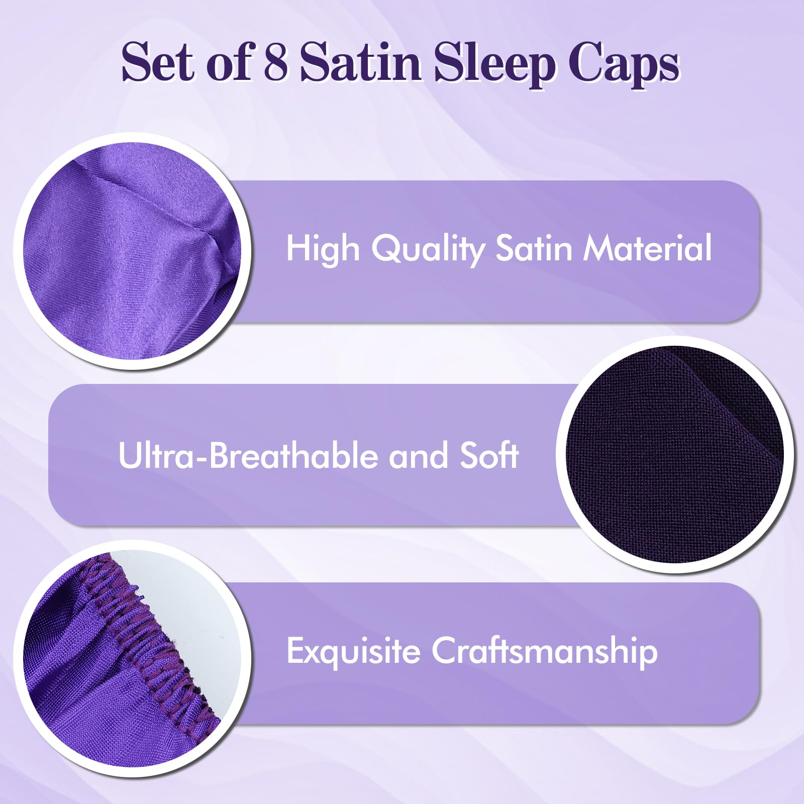 Lawie Paquete de 8 gorros de ducha sedosos con forro de satén, protector de pelo largo rizado, para noche, grande, ajustable, banda ancha, sombreros para dormir, envolturas para el cabello para