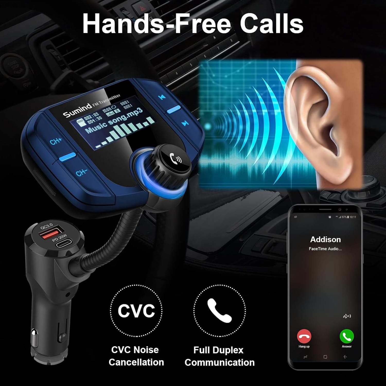 Sumind 2026 Upgraded Wireless Bluetooth Car Adapter FM Transmitter, 1.7'' LCD Display, Flexible Gooseneck, 20W QC3.0&Dual USB Ports, AUX Input/Output for Hands-Free Call, Micro/TF Card(Blue,PD)