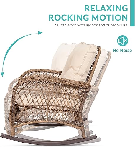 Miniatura 6 de MEETWARM Mecedora de mimbre para exteriores, sillas mecedoras de ratán para patio con cojines y respaldo alto, silla de mimbre para patio para todo