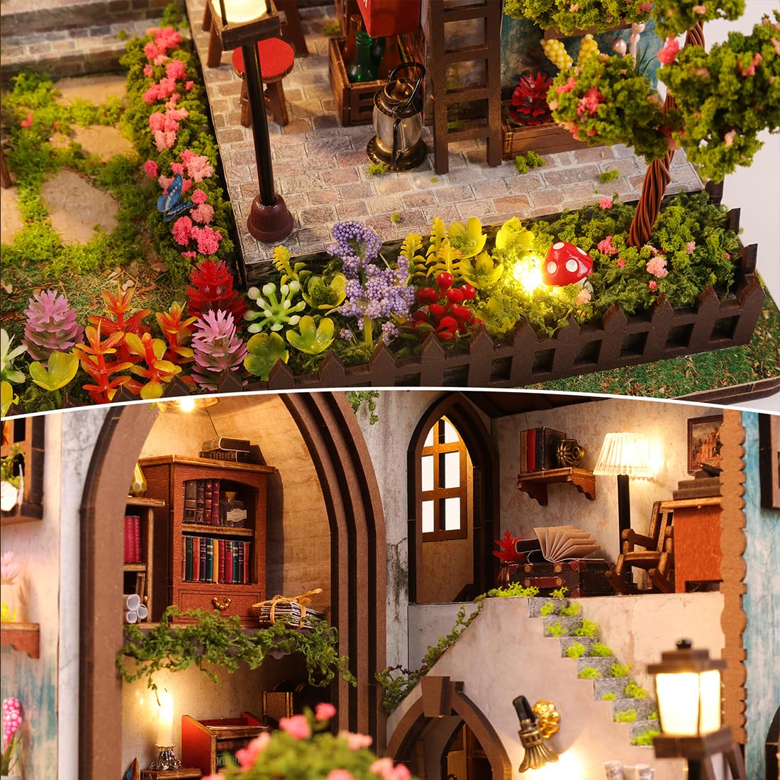 Puppenhaus DIY Miniatur Holzhaus mit LED-Beleuchtung, Holz 3D Puzzle Bücherregal，Kreatives Bastelset Kreative Dekofigur (mit Staubschutzkappe)