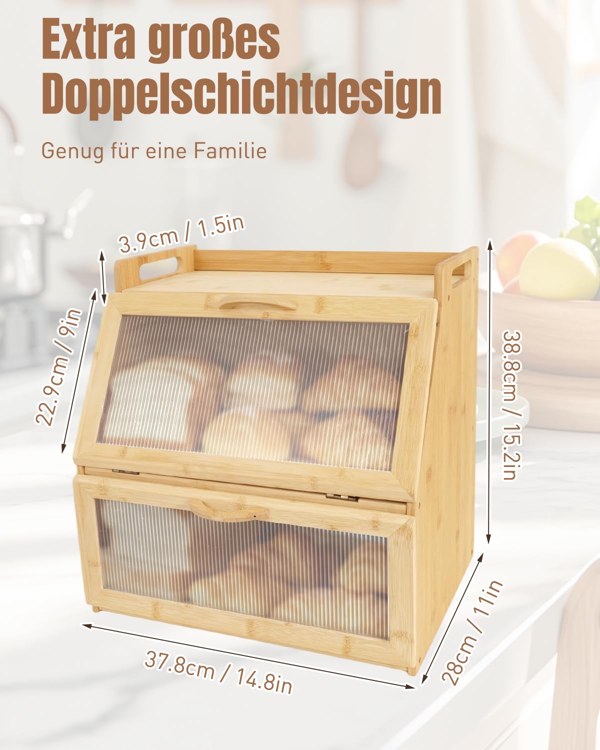 Panera de bambú, almacenamiento de pan de 2 niveles, contenedor de pan de gran capacidad para una mayor frescura, elegante panera de cocina con ventilación para pan y tostadas