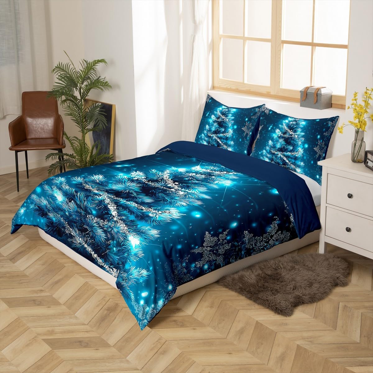 Merry Christmas Bedding Set Blue Christmas Tree Comforter Cover for Girls Kids Boys Chic Winter Snowflake Duvet Cover Blingbling Blue Xmas Theme Glitter Bedspread New Year Presents Quilt Cover, Twin