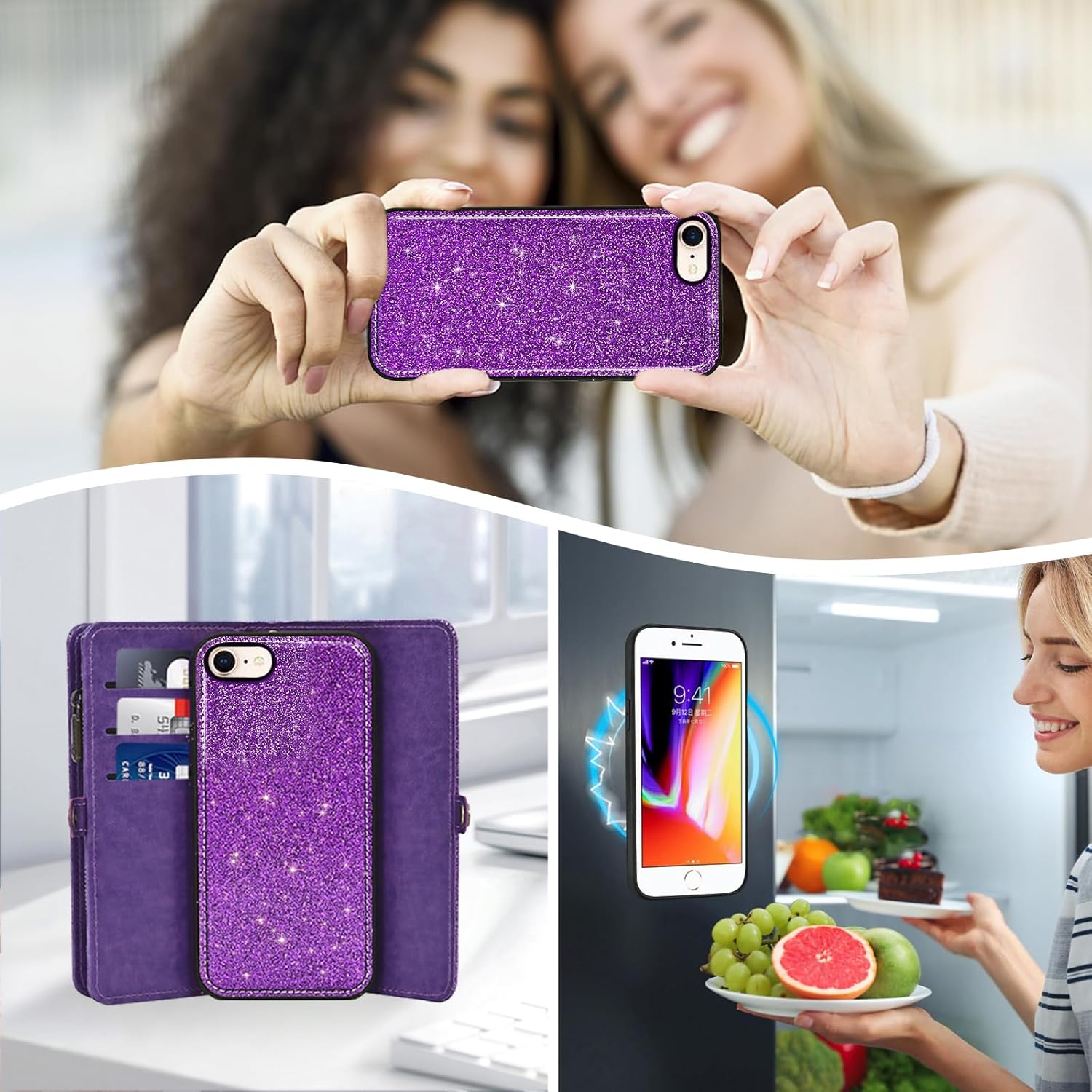 Asuwish Phone Case for iPhone 7/8/SE 2020/2022 Zipper Wallet Cell Cover with Screen Protector Flip Card Holder iPhone7 iPhone8 7s 8s i SE2020 SE2022 2/2nd/3/3rd Generation SE2 SE3 7SE 8SE Women Purple
