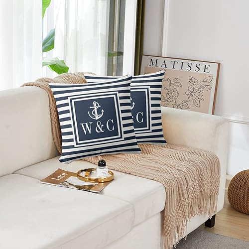 Miniatura 8 de Fundas de almohada decorativas con monograma de anclaje náutico a rayas azul marino, fundas de almohada suaves de 18 x 18 pulgadas, decoración