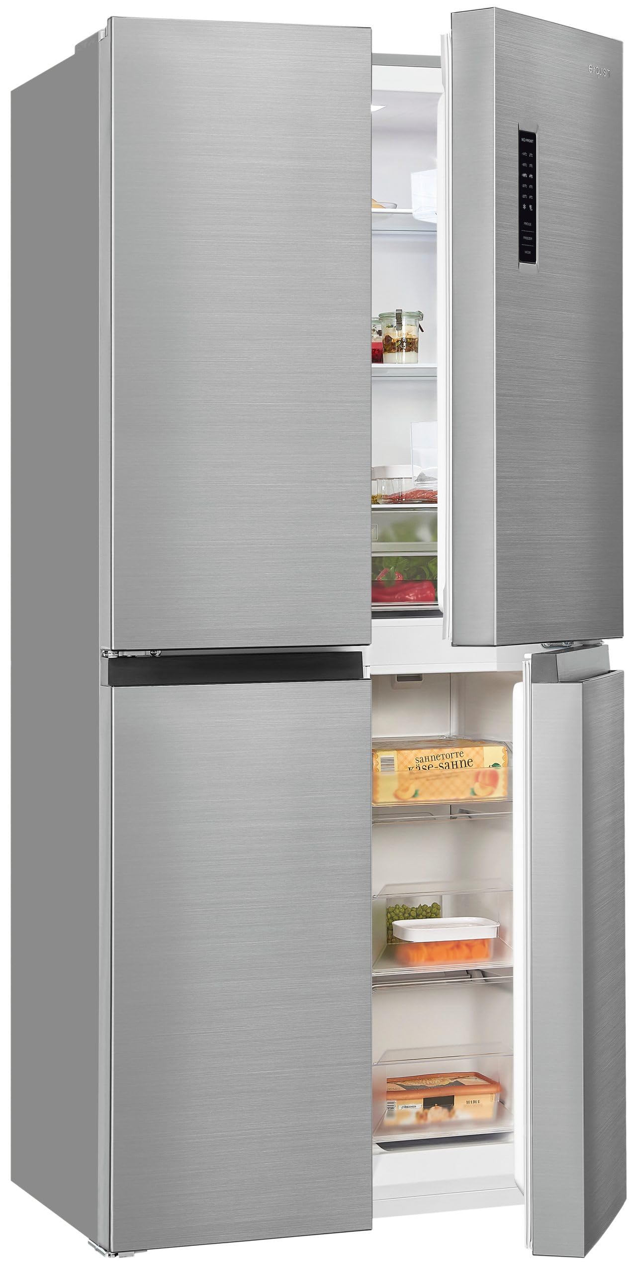 Exquisit® Frigorífico Americano, 4 Puertas, 362L, Clase D, Material Acero Inox, Tecnologia No-Frost, Display Digital en Puerta, Cajon Verdulero Siempre Fresco, Consumo 210 kWh/año, Medidas 180x79x62Cm