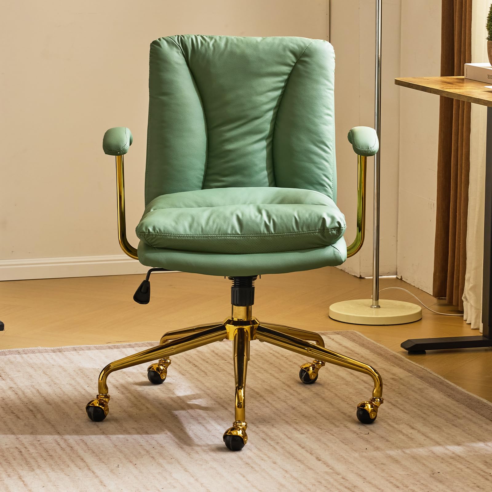 Bonnlo Bürostuhl Ergonomisch, Schreibtischstuhl mit Goldenen Armlehnen, Chefsessel, Drehstuhl mit Rollen, Höhenverstellbar & Kippfunktion, Homeoffice (Kratzfestes Leder, Grün)