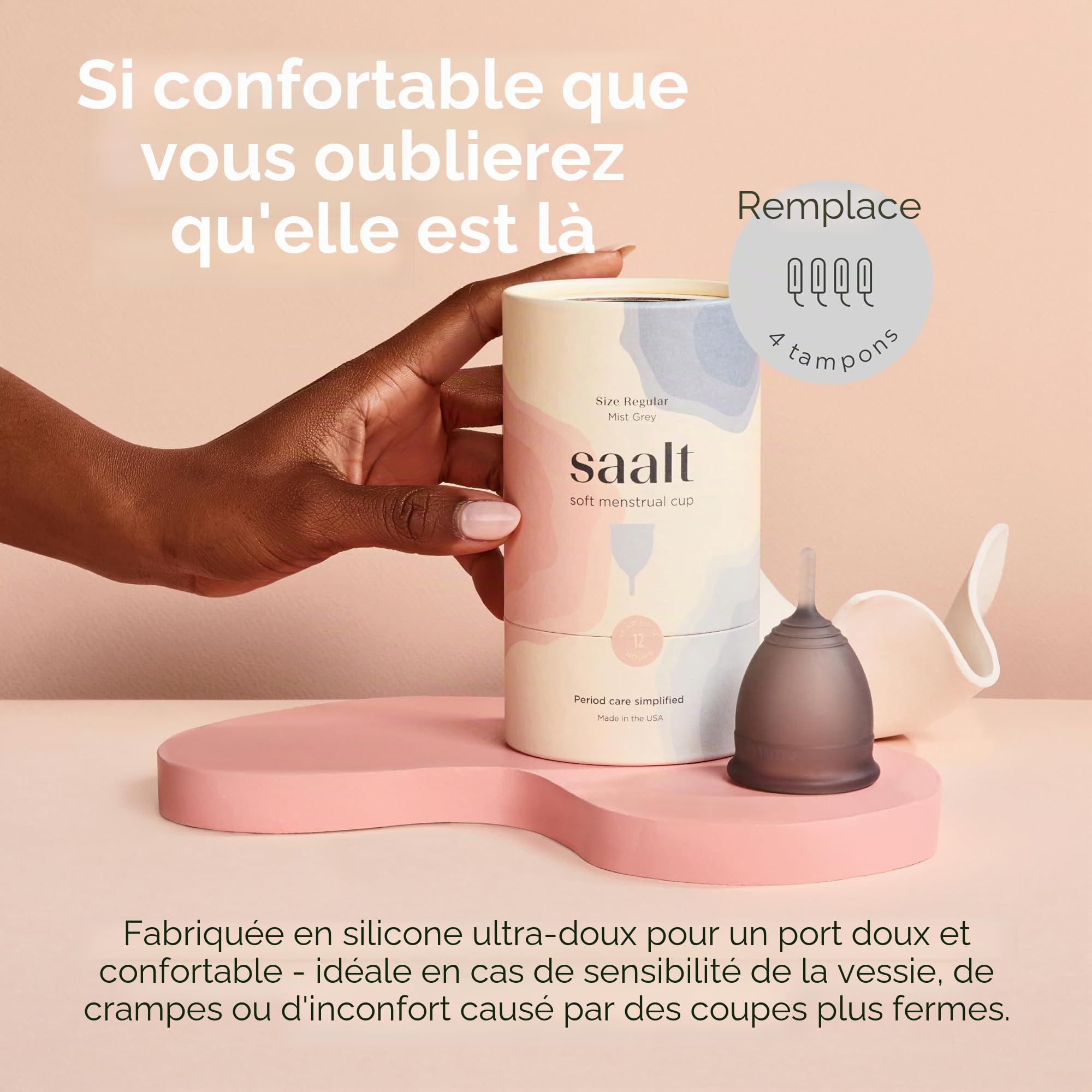 Saalt Soft Menstrual Cup – Coupe menstruelle réutilisable – Protection anti-fuites jusqu'à 12 heures – Sans BPA ni latex – Inclut une coupe et un sac de transport - taille Petit, Gris
