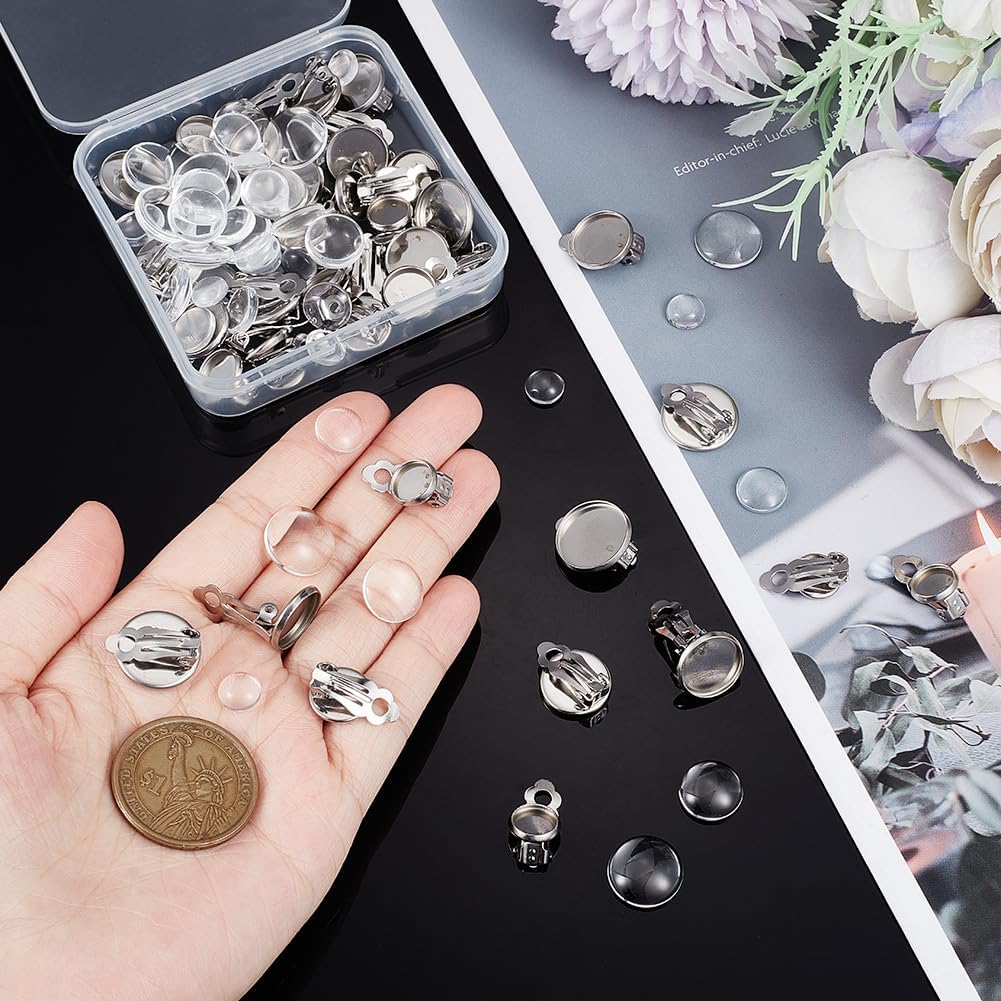 UNICRAFTALE 4 Sizes 8mm/10mm/12mm/14mm Clip-on Earring Blanks with Cabochons 40sets Stainless Steel Earring with Glass Cabochon Flat Tray Leverback Earring for Non-Pierced Ears DIY Earrrings - Image 2