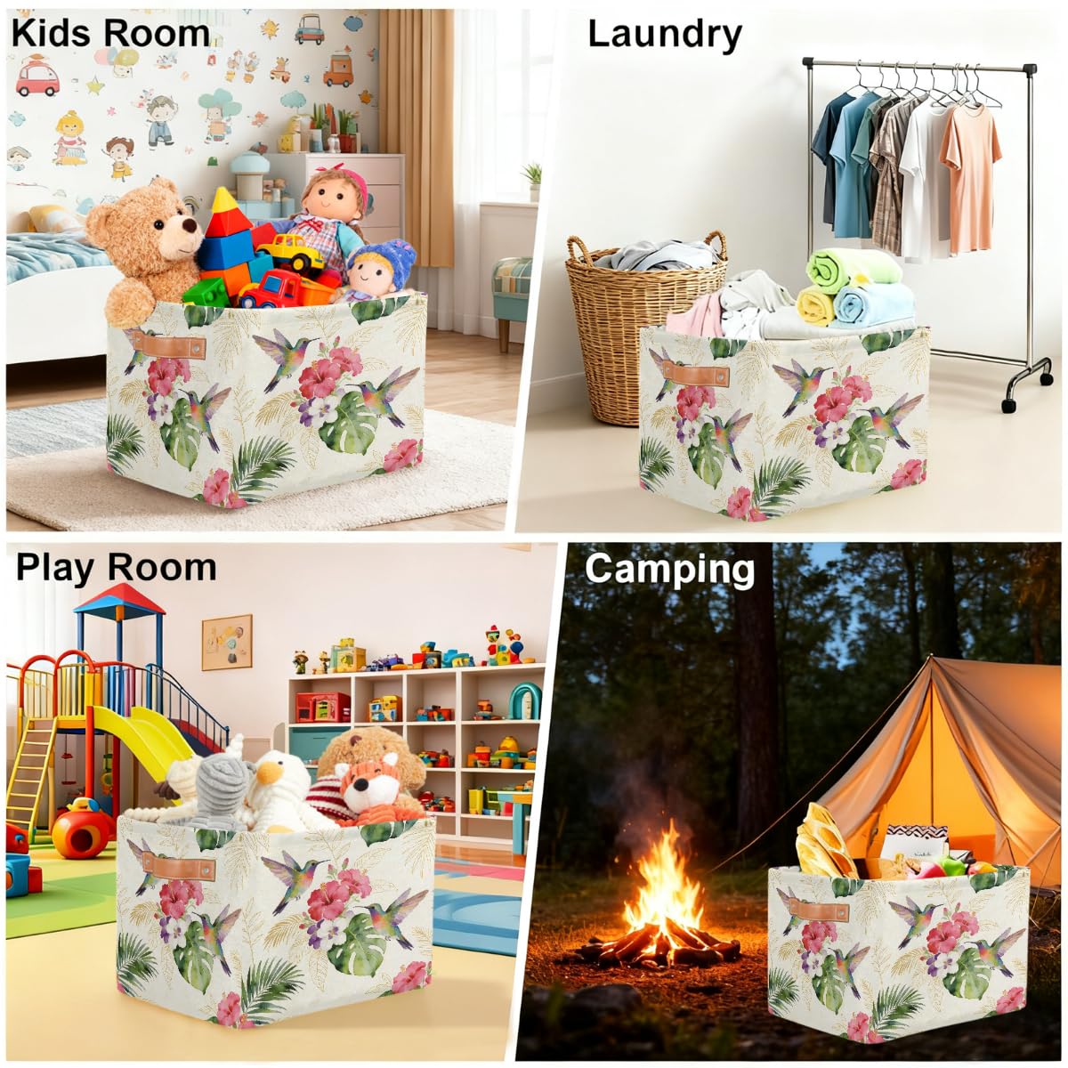 Rechteckiger Aufbewahrungskorb für den Sommer, Kolibri, Hibiskus, mit Ledergriffen, 2 Stück, faltbarer Stoff-Aufbewahrungskorb für Schrank, Badezimmer, Wohnzimmer, Büro, Spielzeug, Organizer