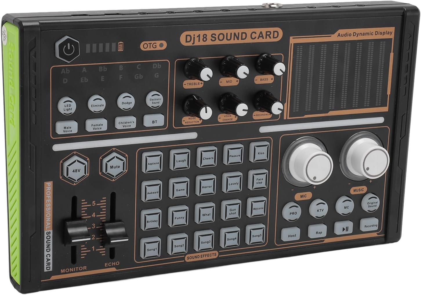 Audio Mixer - Support 12 Electric Sound Effects & 20 Special Ambient Effects Sound, Noise Reduction Colorful Lights DJ18 Bluetooth Live Sound Card for 48V Condenser Mic