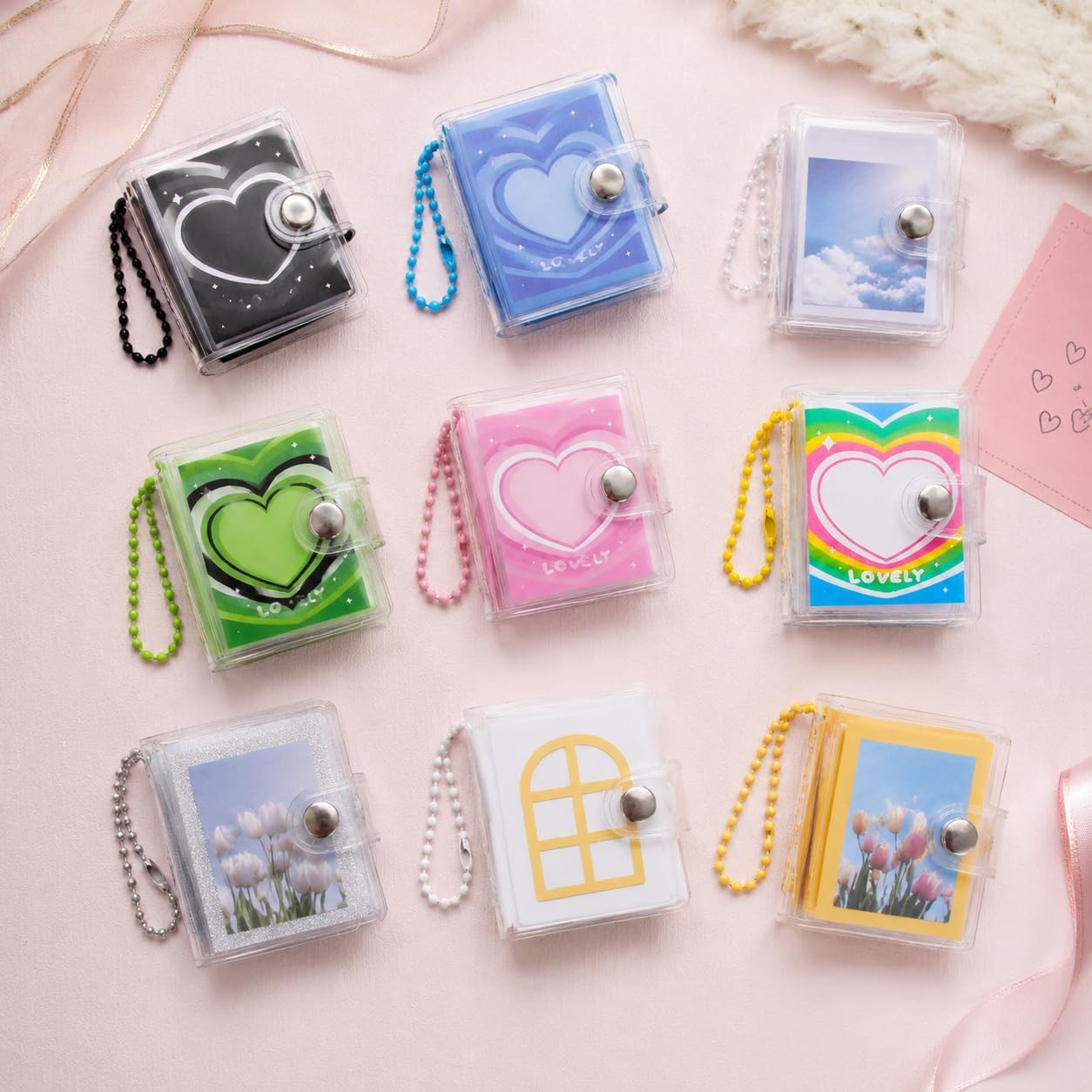 Mini Photo Album Keychain Transparent PVC Cover Compact 2 Inch Design for Carrying Photos and Small Stickers Suitable for Bag Keys Backpack, Yellow-Rainbow Heart image 3