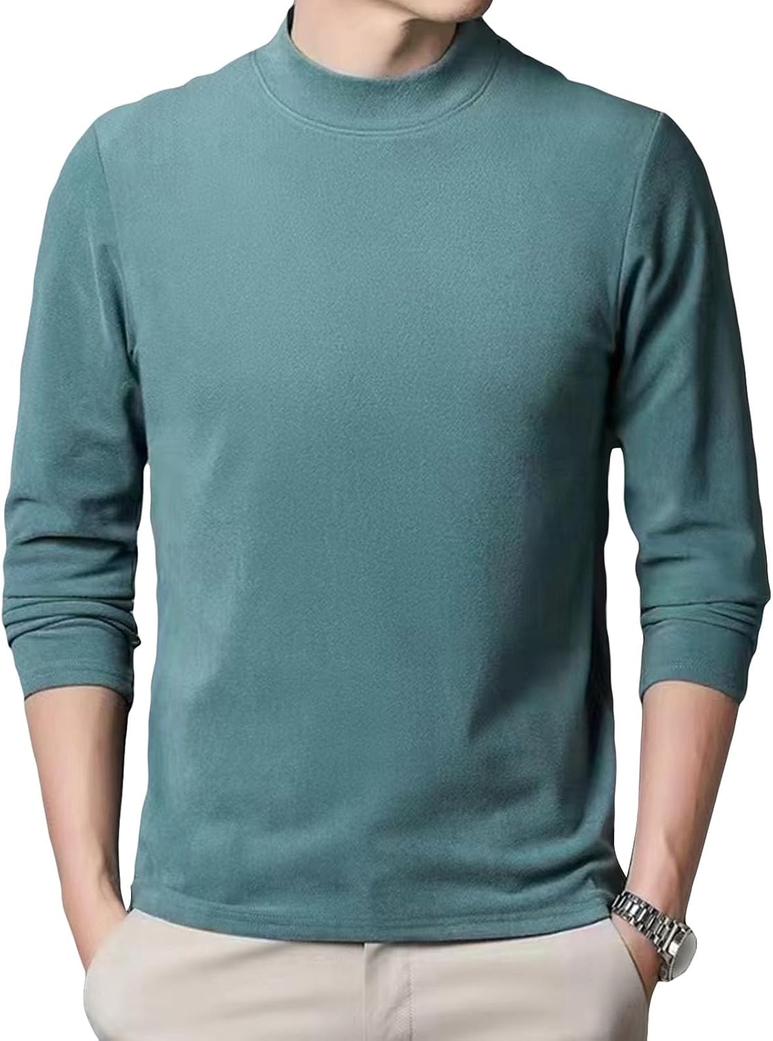 Mens Long Sleeve Stretchy Comfy Shirts Crewneck Fleece Thermal Collarless T-Shirts Casual Undershirt Pullover Tee Tops