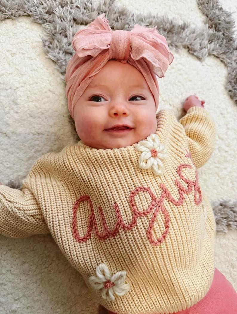 Personalized Baby Knit Embroidered Sweater, Hand Embroidered Name Sweater, Birthday Newborn Baby