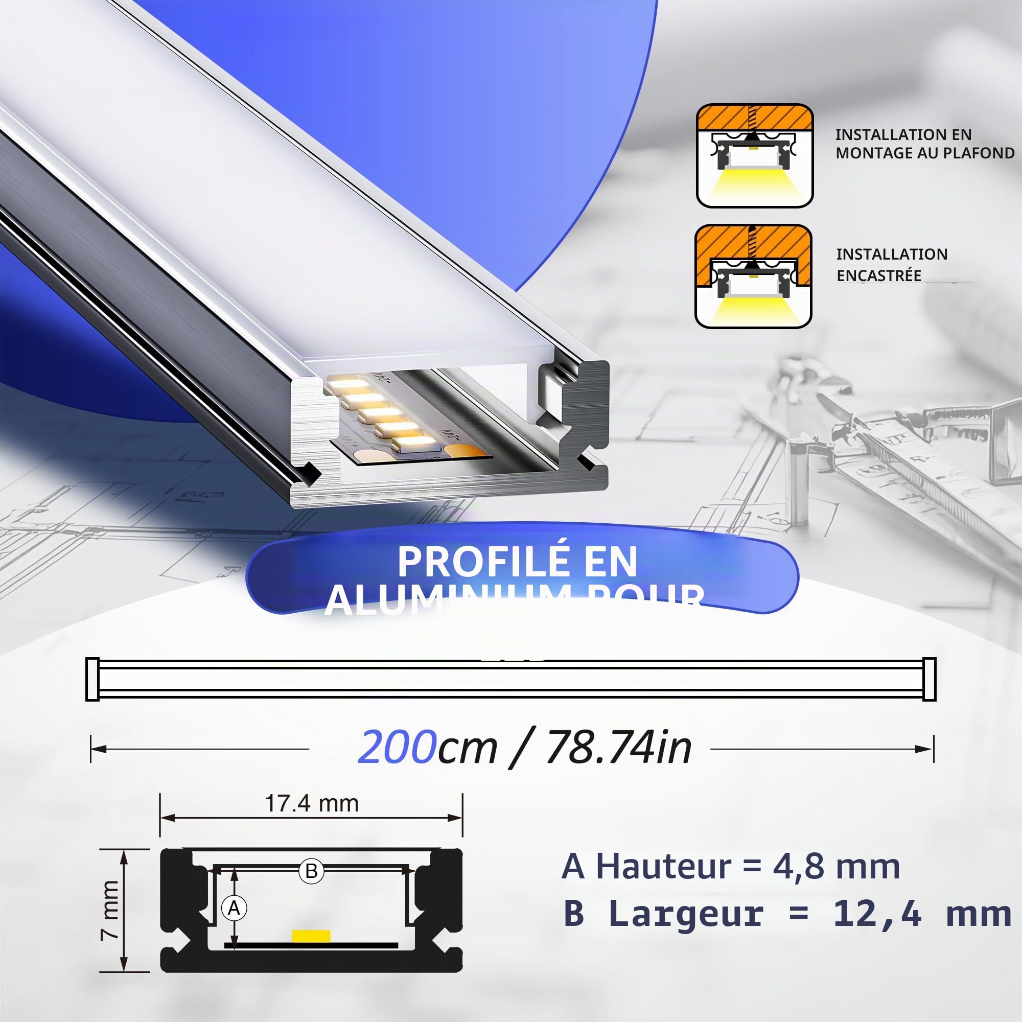 Profilé LED 2m en aluminium anodisé, compatible avec ruban 12mm, avec diffuseur opale, idéal comme Rail LED pour un éclairage homogène (SP26, 30 Stück (insgesamt 60m))