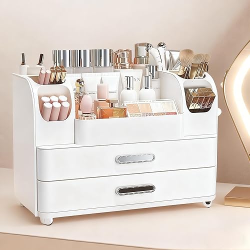 Miniatura 9 de Organizador de maquillaje con 2 cajones, vitrina para cosméticos, soporte de almacenamiento para tocador, mostrador de baño, escritorio, suministros