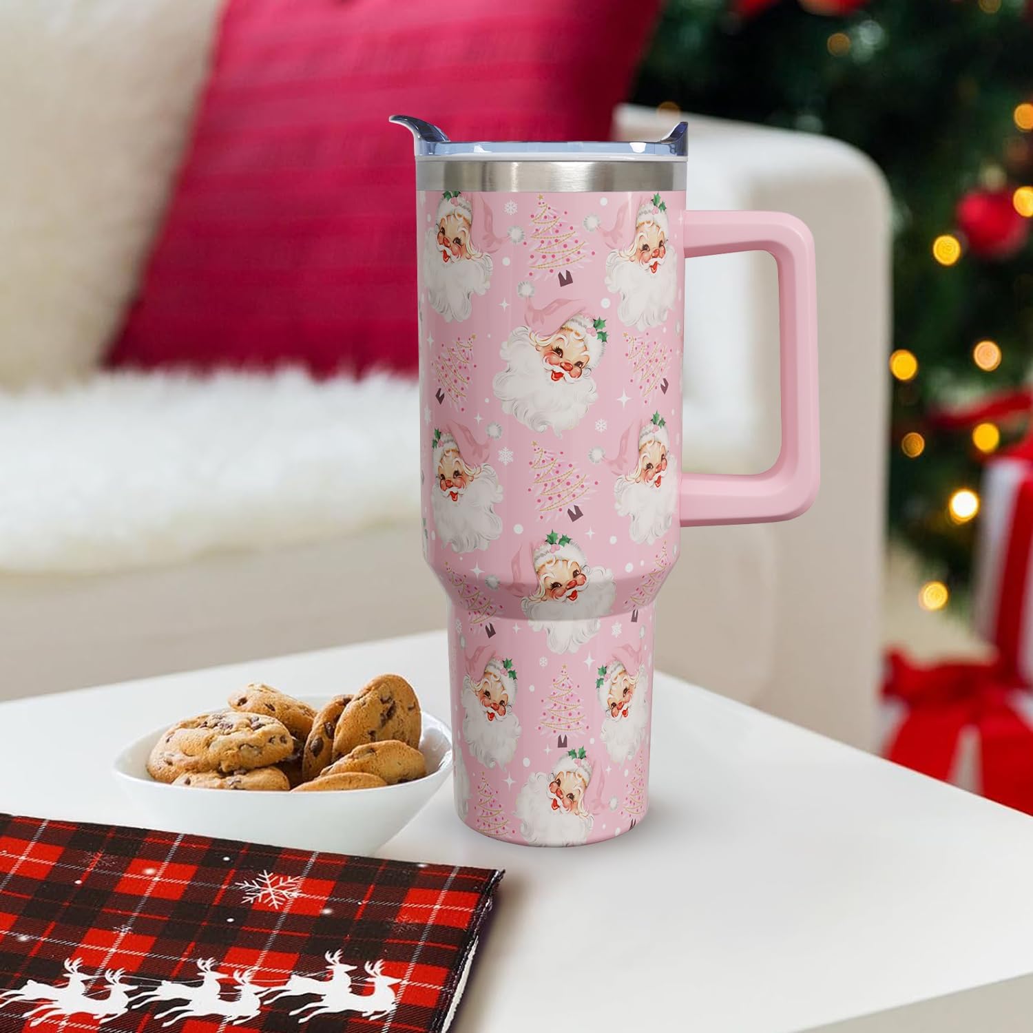 40 oz Pink Christmas Tumbler with Handle, Stainless Steel Santa Claus Holiday Xmas Gifts Water Bottle Christmas Insulated Tumblers for Women with Lids and Straws Christmas Santa Pink