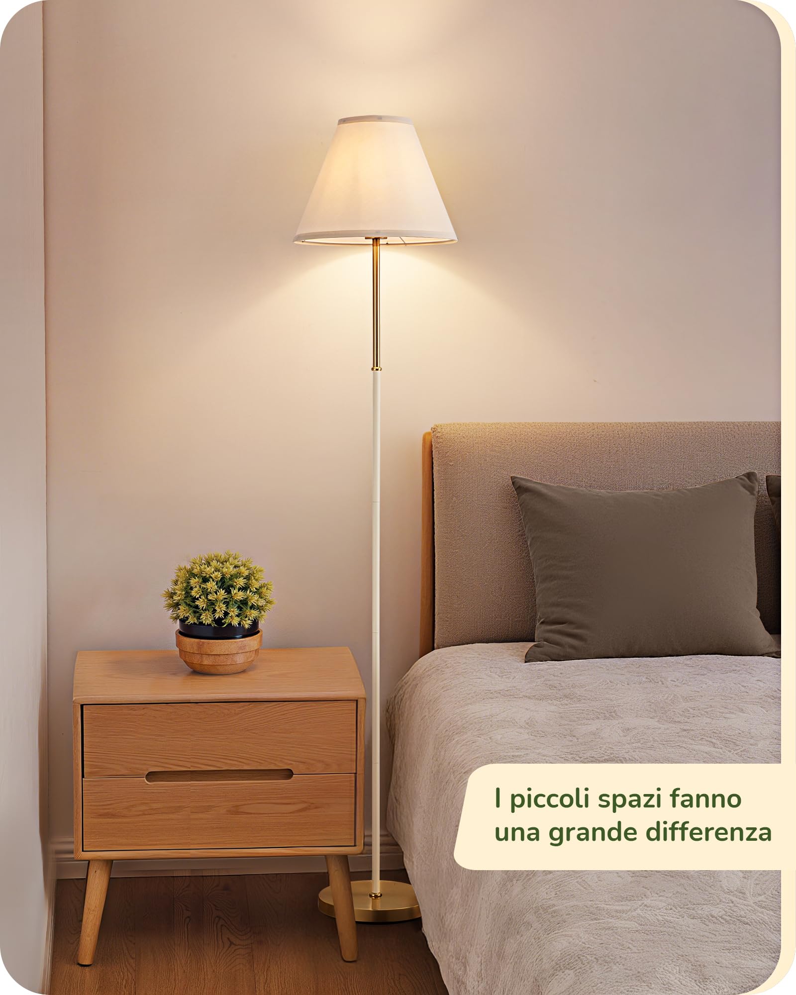 EDISHINE Lampada da Terra Retro per Soggiorno, Paralume in Cotone-Lino e Struttura in Metallo, Lampadina LED 2700K Inclusa, Lampada E27 per Cameretta, Camera da Letto e Angolo Lettura, Bianco