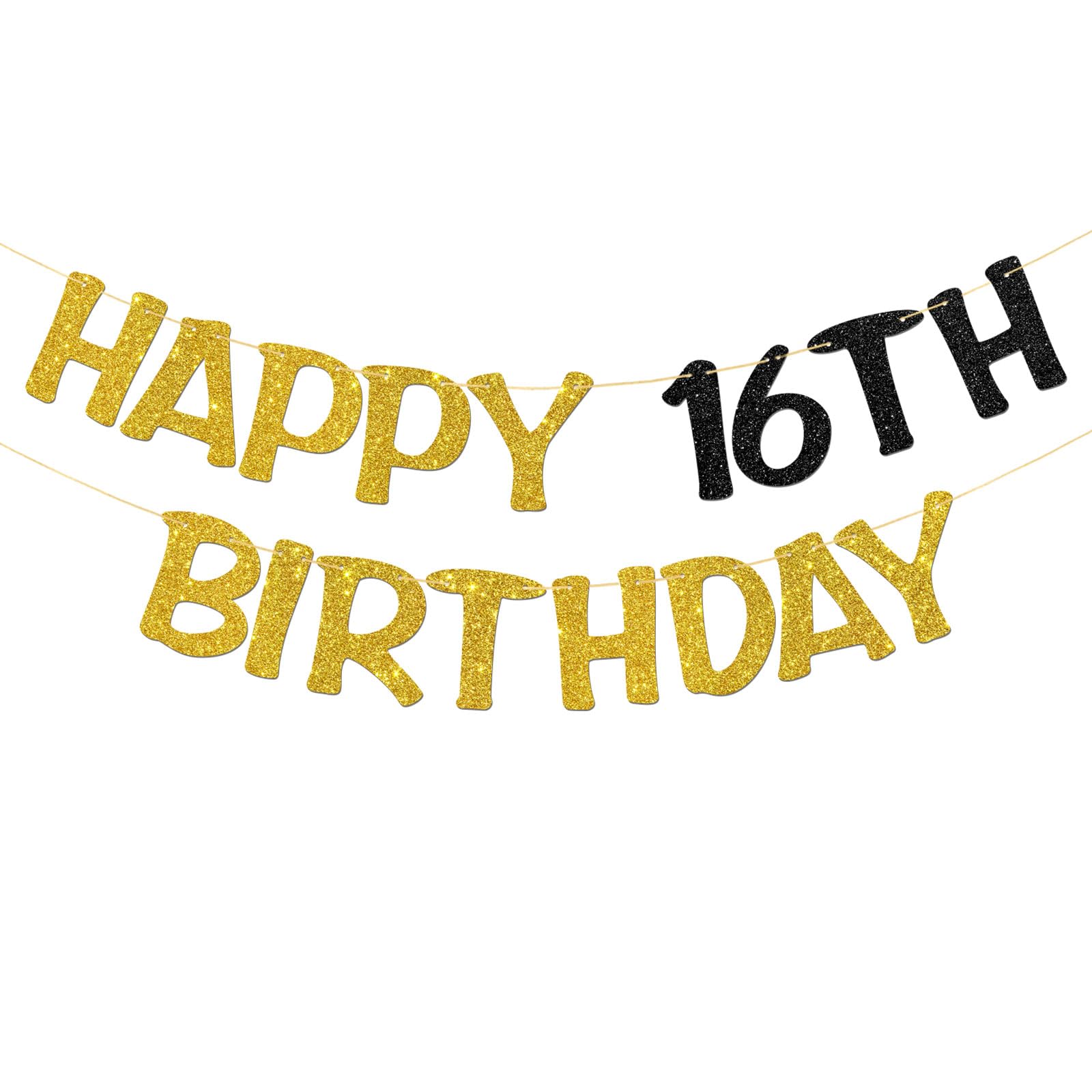 Happy 16th Birthday Banner - Teenager 16th Birthday Party Garland Supplies - Cheers to 16 Years Party Decorations - Gold Black Glitter