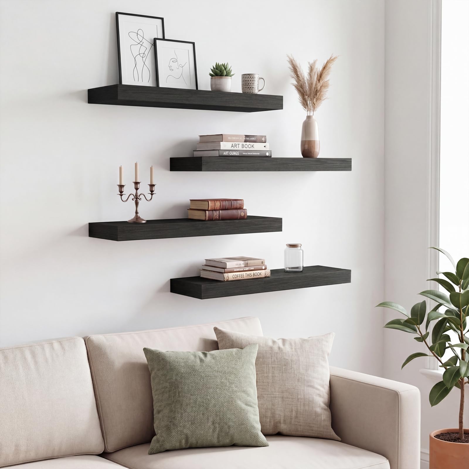 Fixwal Floating Shelves - Black, Set of 4 -2