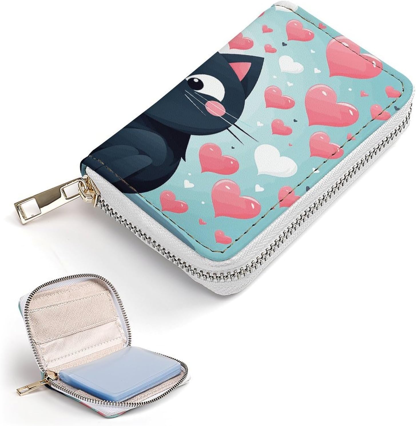 Cute Heart Cat Card Holder RFID Blocking,Credit Card Wallet for Women And Men,Card Case Organizer Bag with Zipper