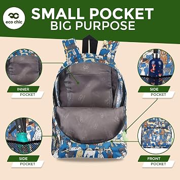 ECO CHIC Lightweight Foldable Water Resistant Mini Backpack Folds Into Pouch for Storage (Dogs Blue)