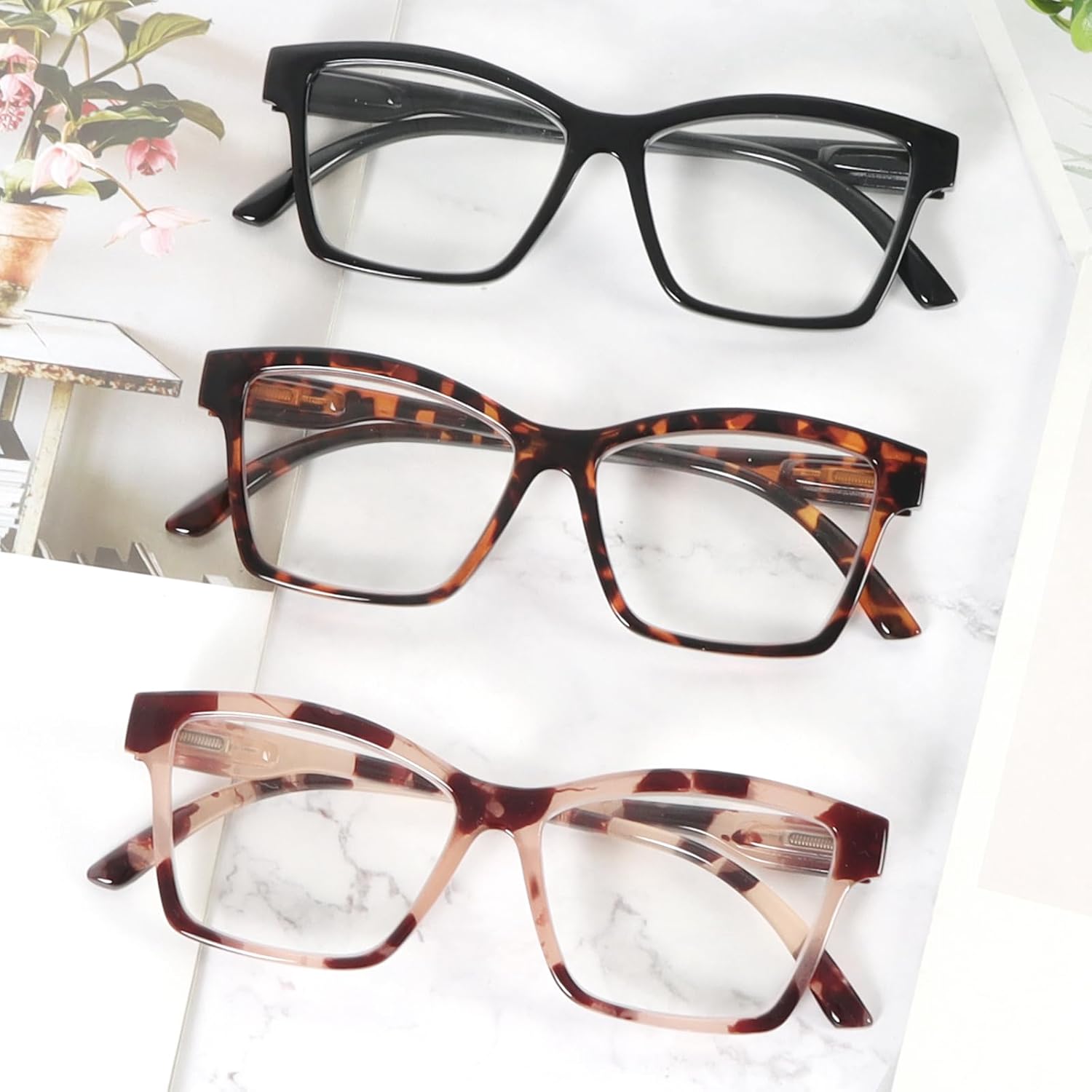 MMOWW Oversized Square Reading Glasses Fashion Cute Blue Light Blocking Computer Readers for Women 3 Pack - Image 7