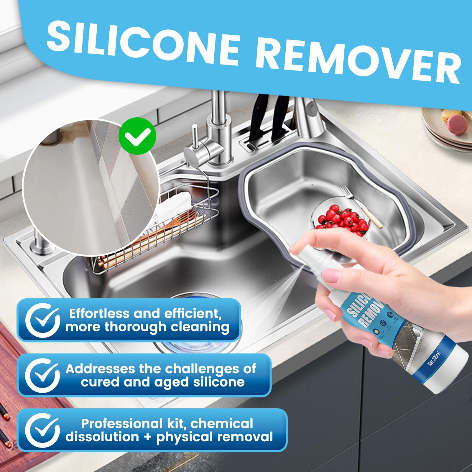 ALLONY Silikonfugenentferner, Silikon Entferner, Silikonentferner flüssig, Löst Ausgehärtetes Silicon, Silikonentferner Werkzeug, Silikon Entferner für Bad, Küchen Türen Fenstern, 200ML