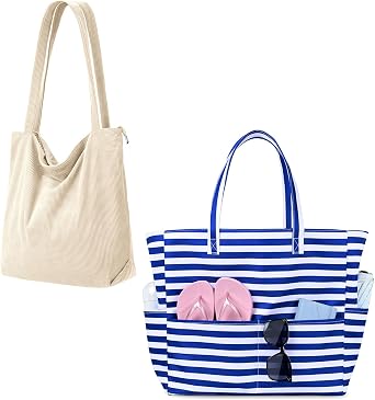 Iioscre Corduroy Tote Bag for Women,Tote Bag with Zipper,Beach Bag for Women Large Beach Tote Bag Waterproof Sandproof