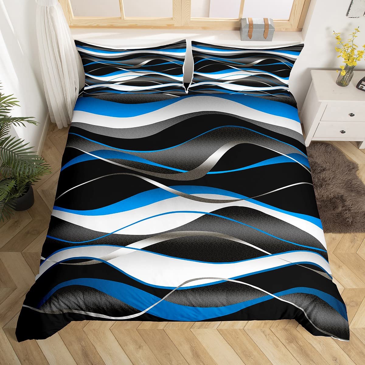 Parure de lit enfant respirante à motif abstrait géométrique bleu et noir