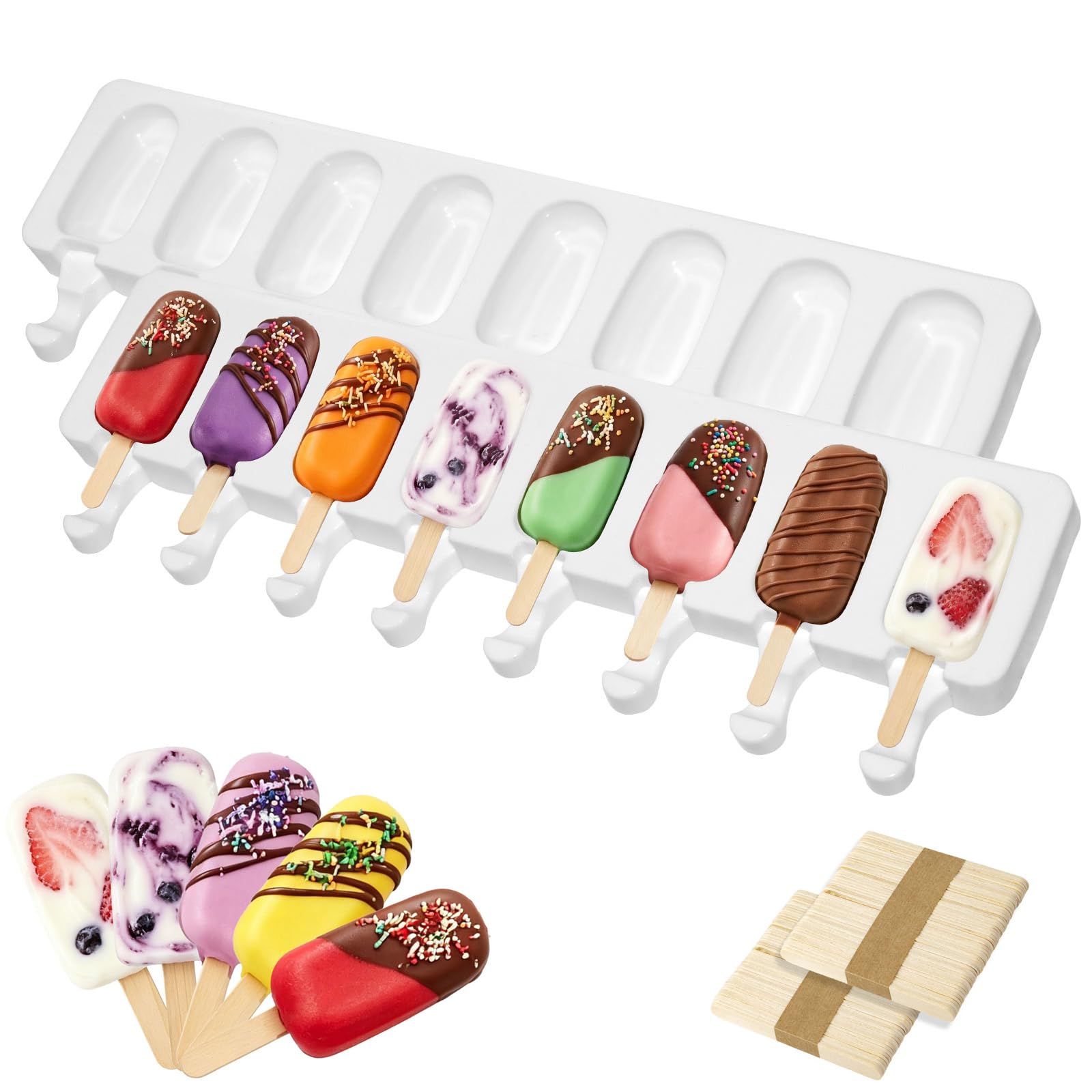 2 sztuki foremek do lodów z silikonu z 100 drewnianymi patyczkami i 2 torebkami do lodów, 8 przegródek, forma do lodów bez BPA, silikonowa forma DIY do robienia lodów na wodzie, lodówek, cake pops