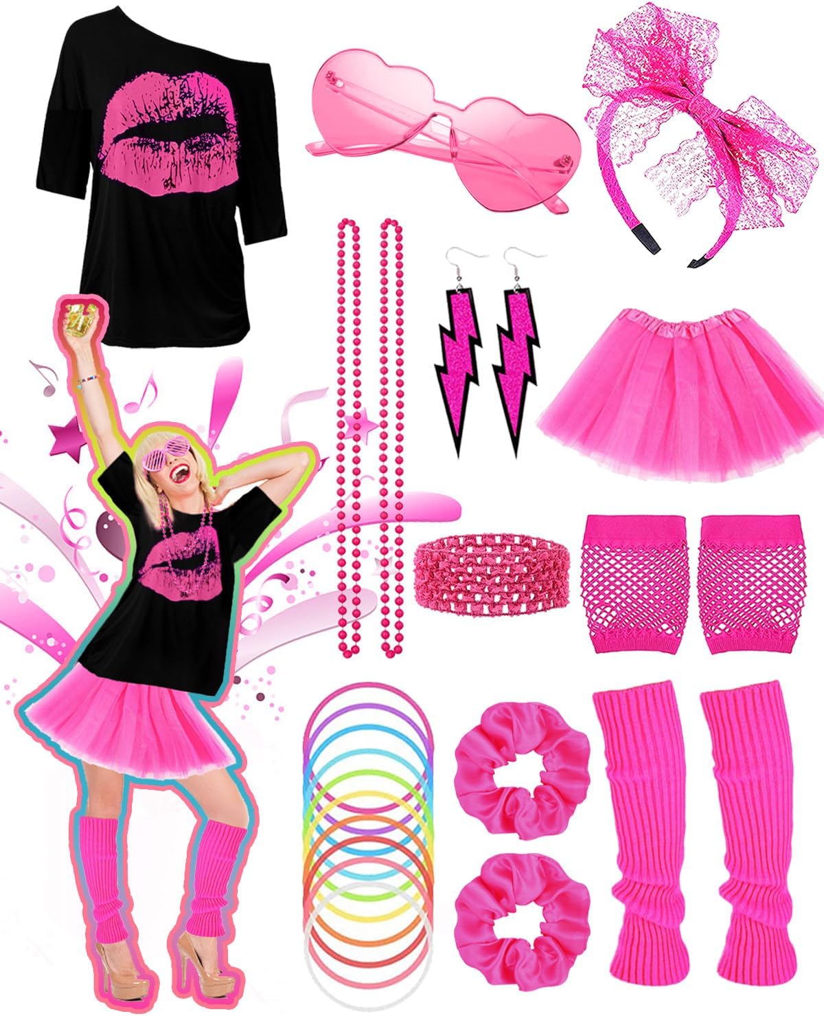 80s Fancy Dress For Women 1980s Party Costume Pink 80s Accessories Set Lip Print T-shirt Tutu Skirt Leg Warmers Fishnet Gloves Glasses Earrings Bracelet Necklace Headband for Retro Parties Women Girls