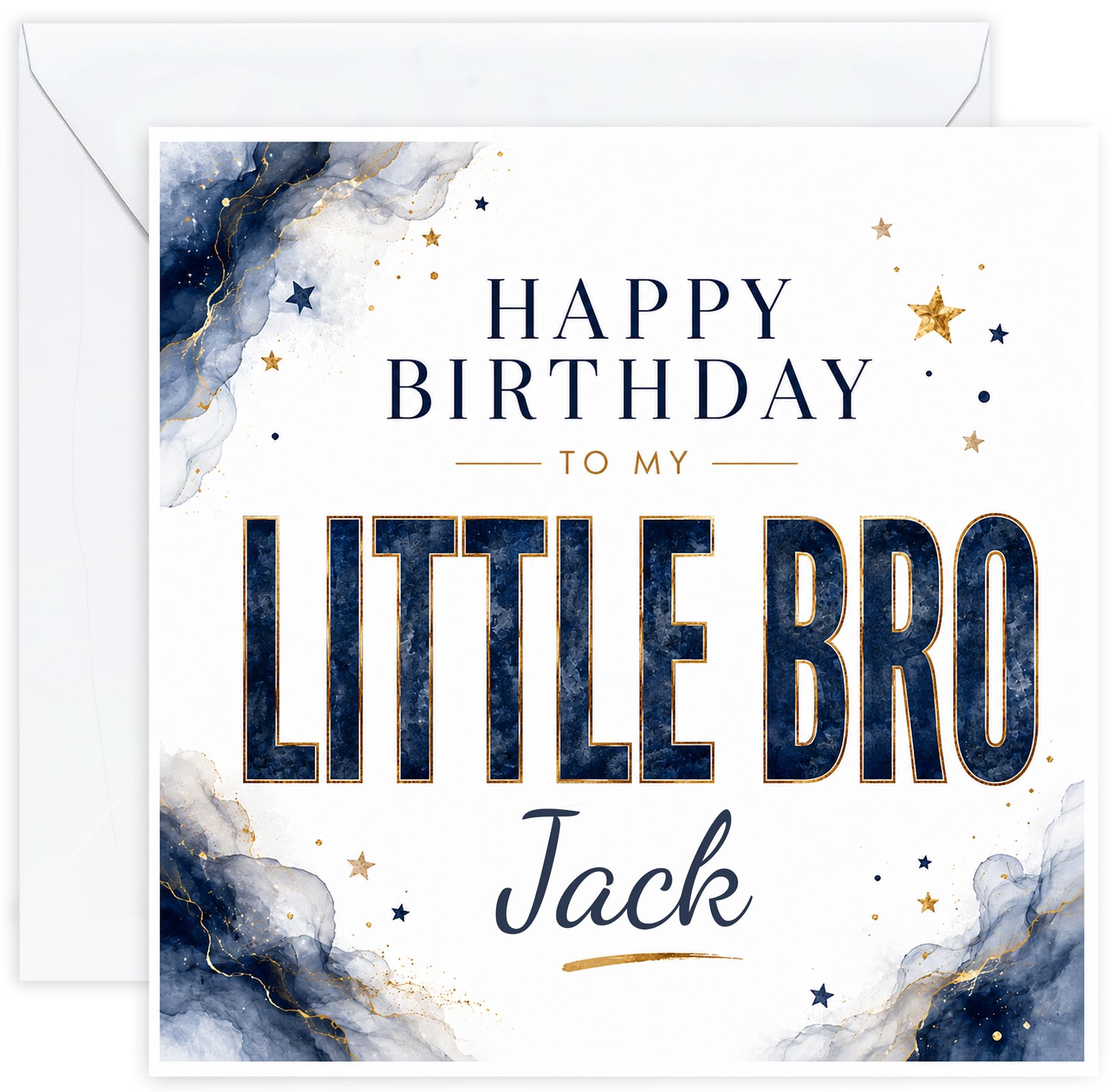 Personalised Birthday Card for Little Bro | Little Brother Birthday Card | Navy Blue & Gold Watercolour Design | Add His Name | Optional Inside Message (Design 02)