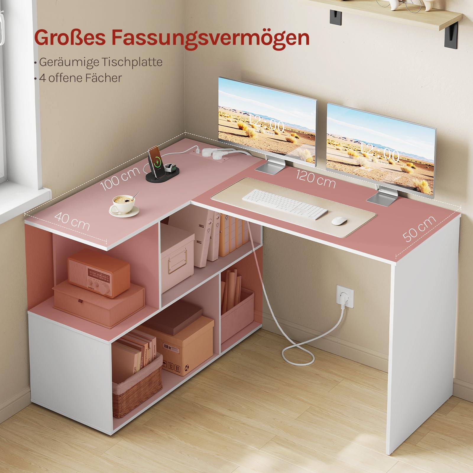WOLTU Eckschreibtisch mit Regal, Schreibtisch L Form aus Holz, mit 2 Steckdosen, 120x100x75 cm, für Büro Schlafzimmer Arbeitszimmer, Weiß