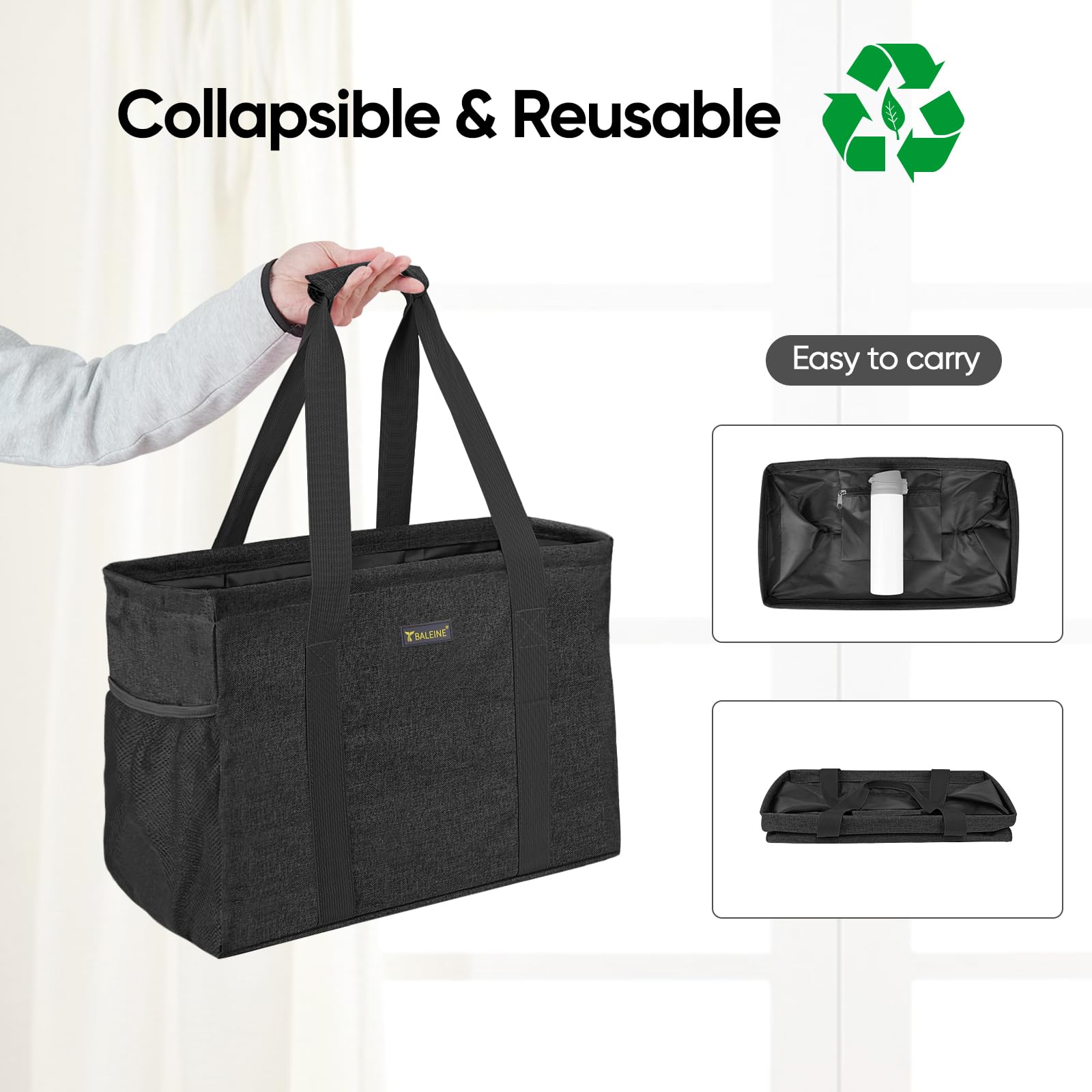 BALEINE Extra Large Utility Tote Bag with Wire Frame for Storage (Black, 16.5''x14''x10'')