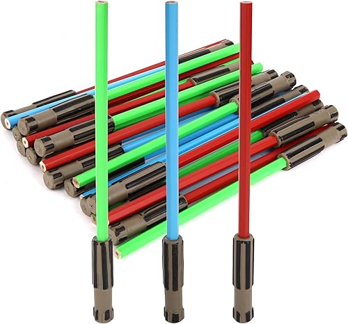 L LIFETIME Lápices de sable de luz para fiestas, paquete de 24 lápices azules, rojos, verdes con parte superior de borrador 3D, suministros de bolsa