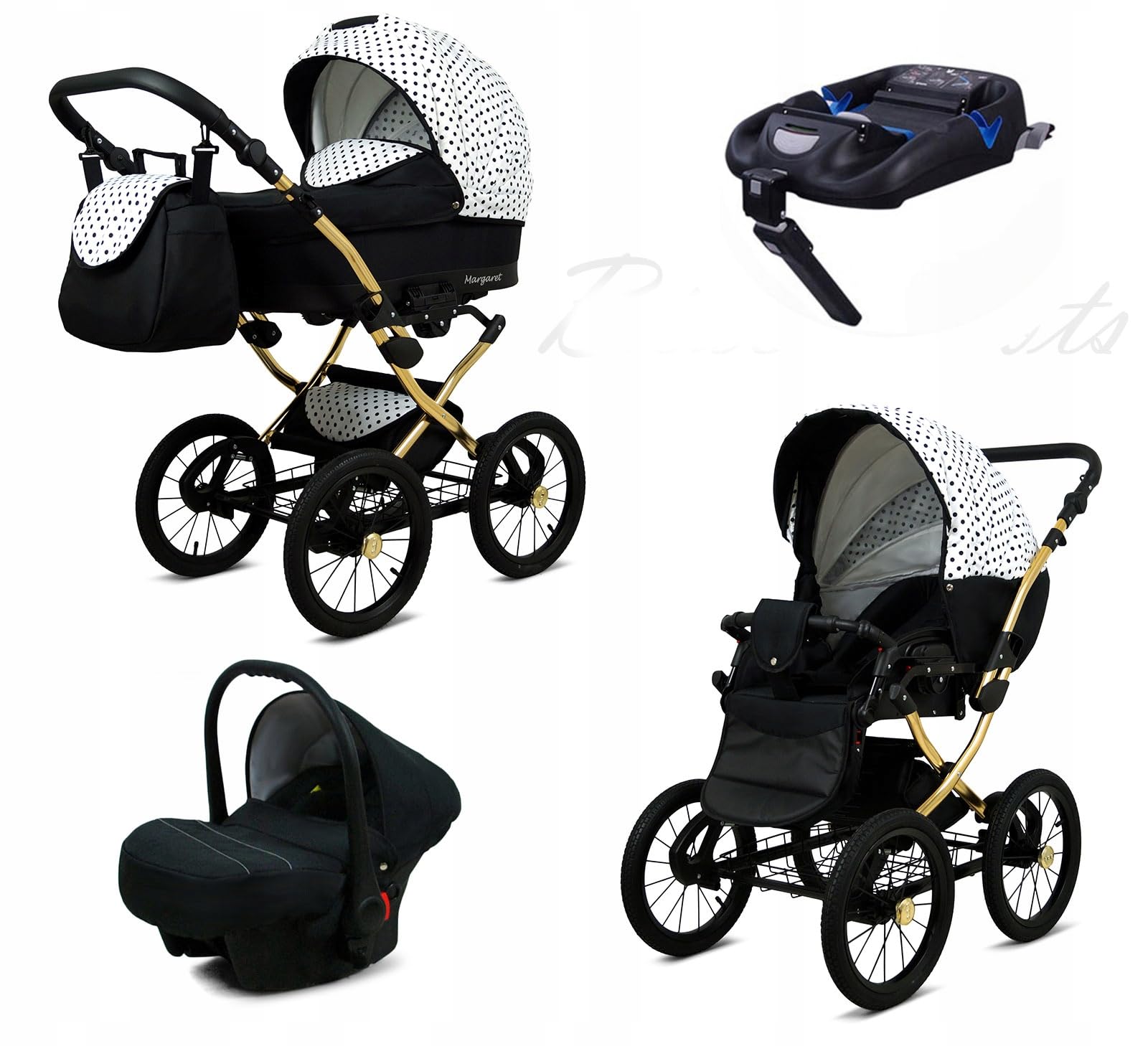BabyLux Zestaw wózków dziecięcych 4 w 1 – Margaret Gold – w zestawie wanienka dla niemowląt, fotelik sportowy, fotelik samochodowy, stacja bazowa ISOFIX – fotelik samochodowy – zestaw wózków