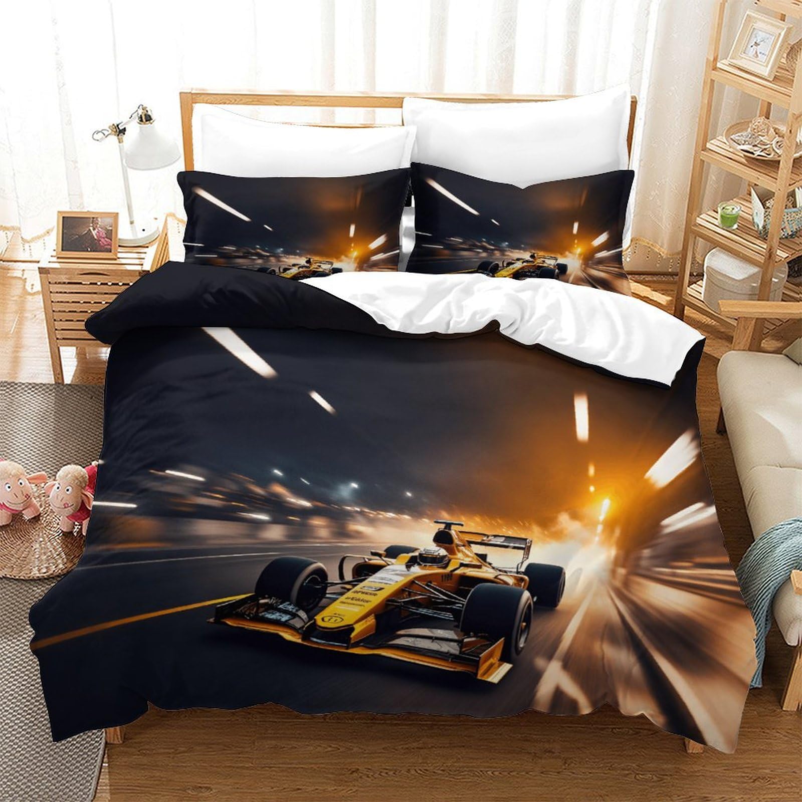LILIlaobiao Luxe Grand Prix Racing Duvet Cover Washable Bedding Set, 3D Printed 3Pcs Formula racing Pattern Quilt Cover Set for Home Textiles Decor Double（200x200cm）