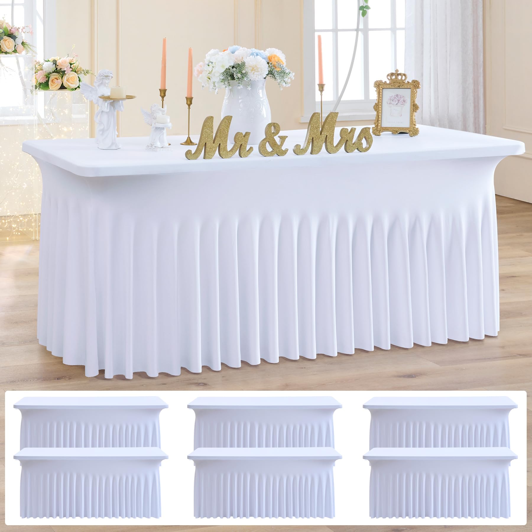 NSSONBEN 6 Pack White Spandex Tablecloth for 6 Foot Rectangle Tables,Wrinkle Free High Stretch Fitted Table Cloths 6ft, Elastic Spandex Table Covers