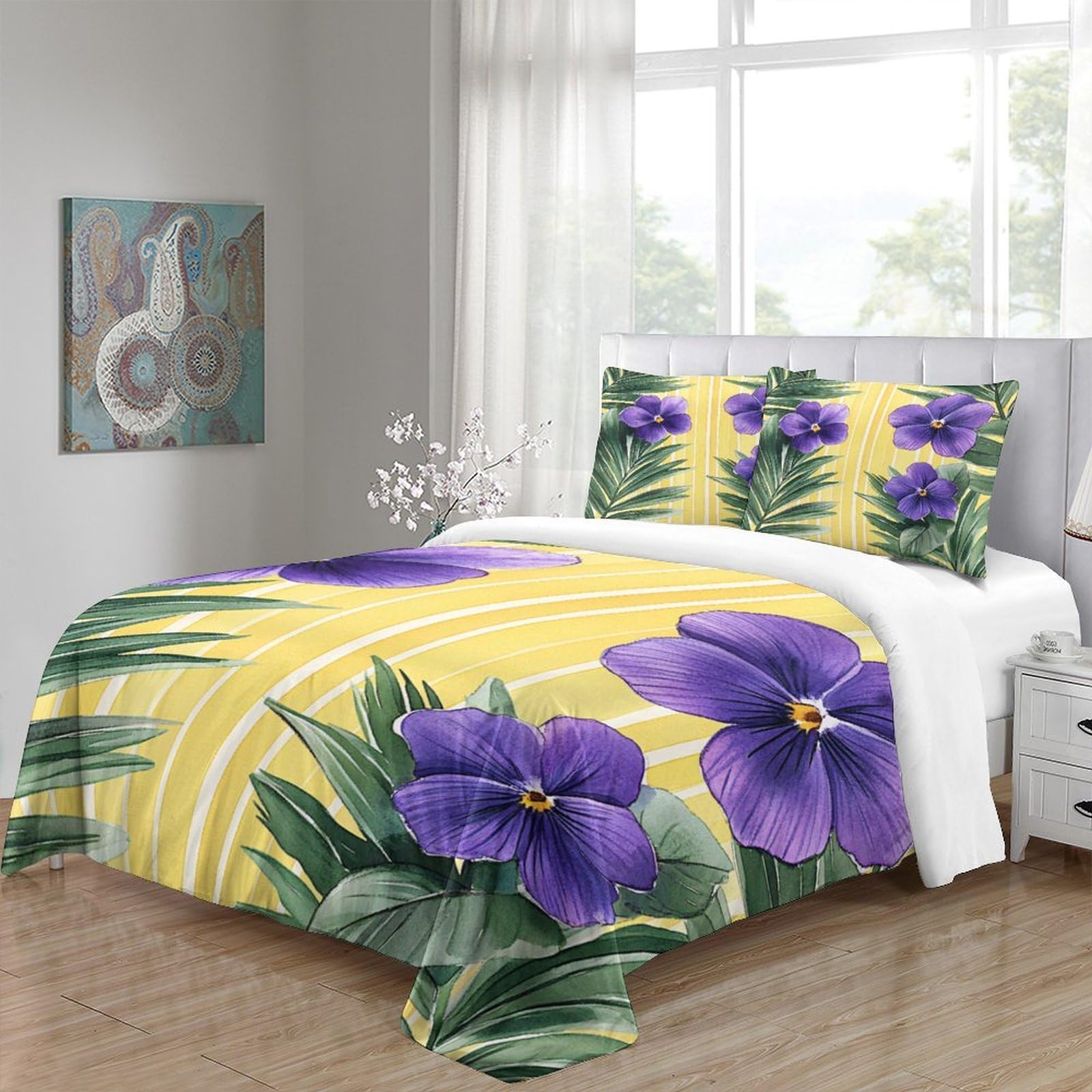 Lila Blumen 3-teiliges Pflegeleichtes Polyester Tropische botanische Kunst Bettbezugset, 2 Kissenbezug, Unsichtbarer Reißverschluss, Für Erwachsene, Babysicher King（220x240cm）